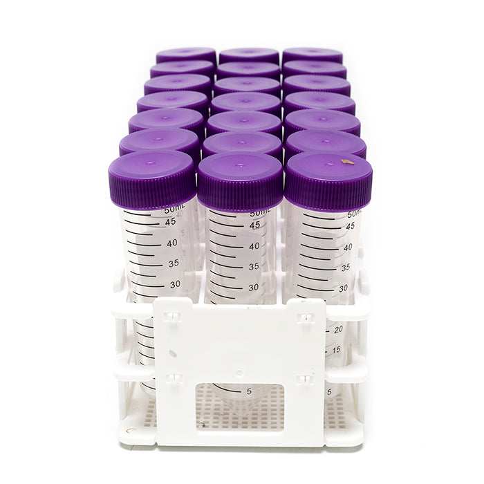 Collapsible polypropylene test tube rack with test tubes.