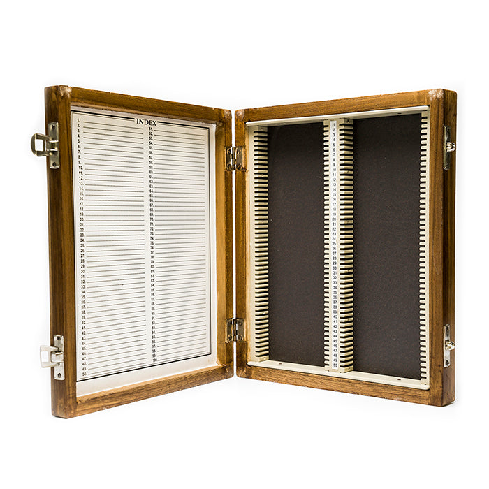 Wooden microscope slide storage boxe open