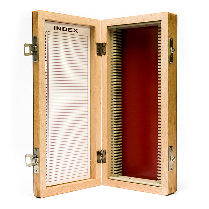 Wooden microscope slide storage boxe open